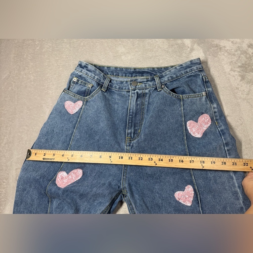 Cider Novelty Sequin Heart Patch Wide Leg High Rise Denim Blue Jeans Size Large - Picture 7 of 15